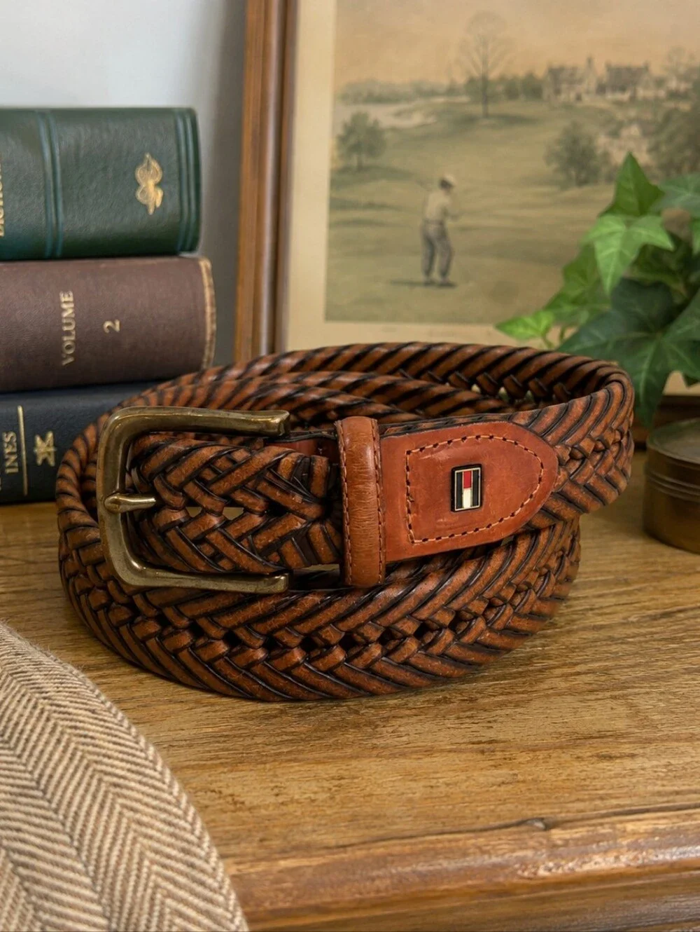Tommy Hilfiger Brown Braided Leather Belt Size 38